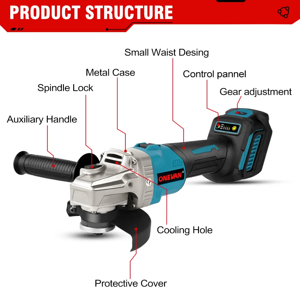 ONEVAN 1/2" 1200 Impact Wrench & 125mm Grinder & 13mm Drill & Hammer Drill Brushless Cordless 4‑Pc. Combo Kit 6.0Ah