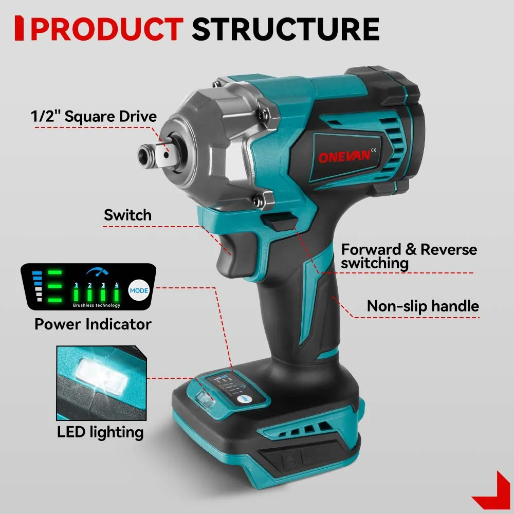 ONEVAN 1/2" 1200 Impact Wrench & 125mm Grinder & 13mm Drill & Hammer Drill Brushless Cordless 4‑Pc. Combo Kit 6.0Ah