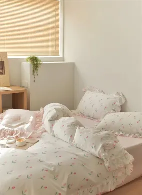 Pastoral Baby Pink Floral Cotton Bedding Duvet Sheet Set Queen King Size