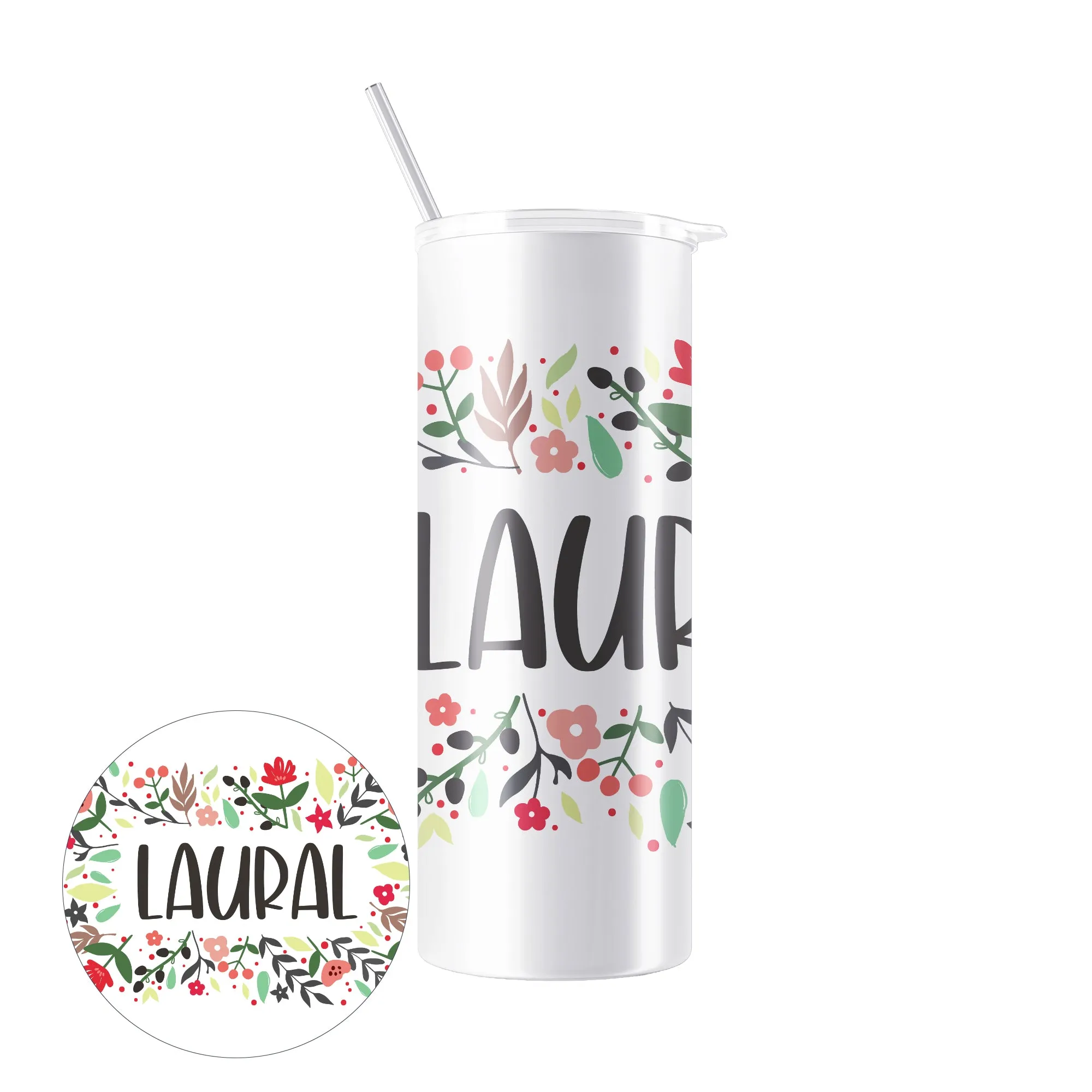 Personalized 20 oz Skinny Tumbler with Straw - FLORAL FRAME