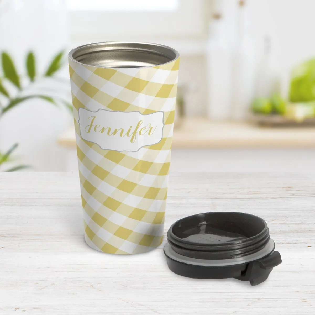 Personalized Yellow Gingham Travel Mug