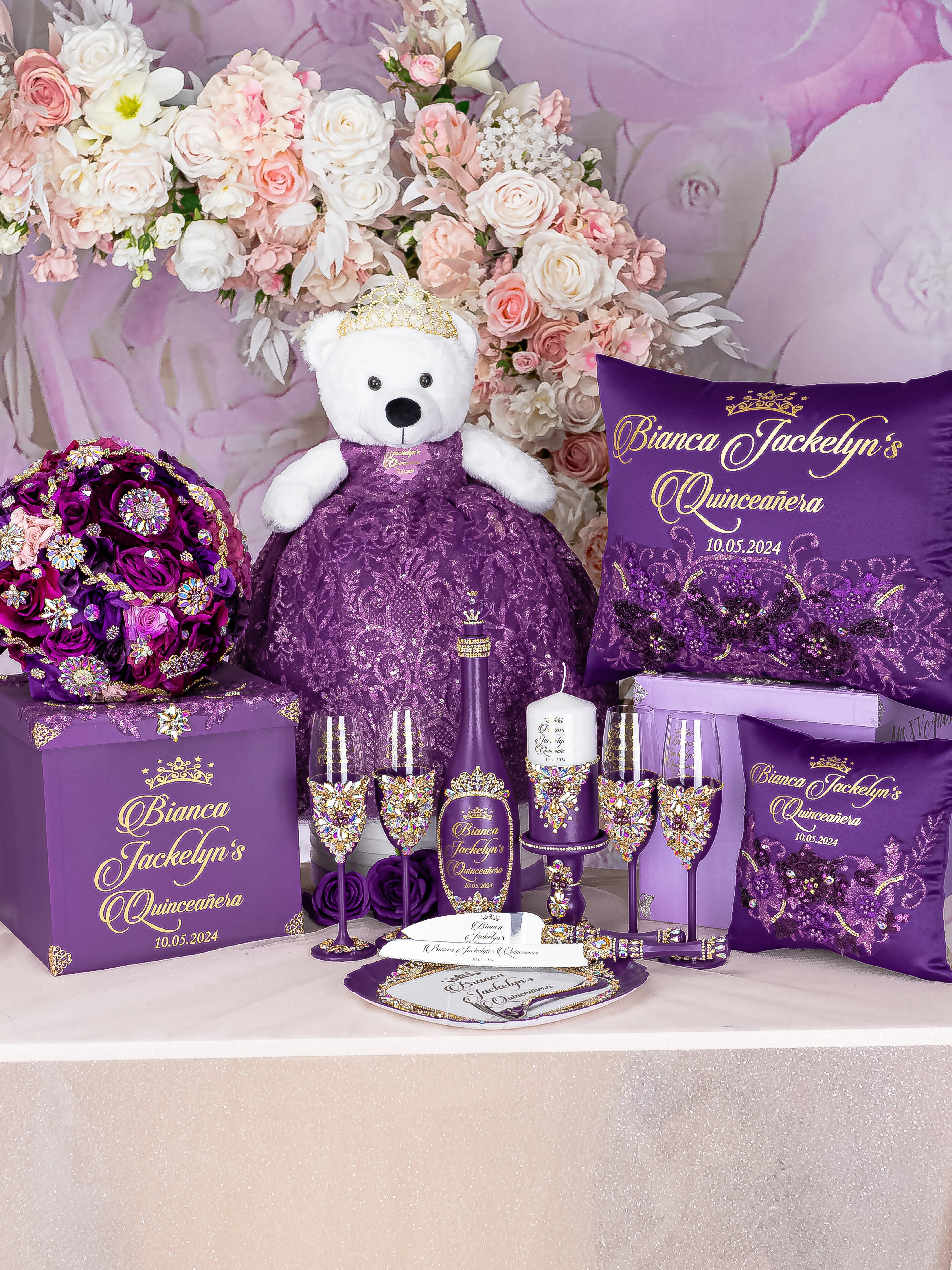 Plum Quinceanera Brindis Package with Bottle