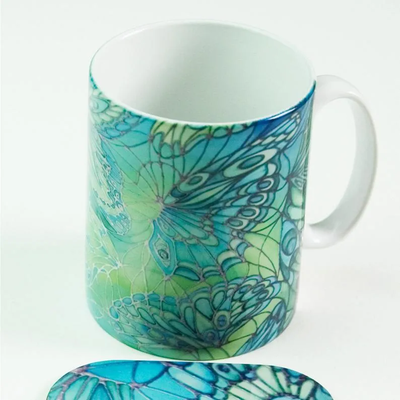 Pretty Green Butterfly mug and coaster box set or Mug only - Minty Green Mug Set - Butterfly Mug Gift