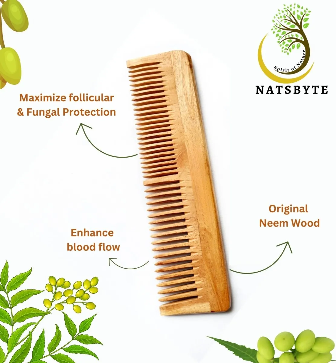 Pure Kacchi Neem Wood Comb Regular Double Teeth