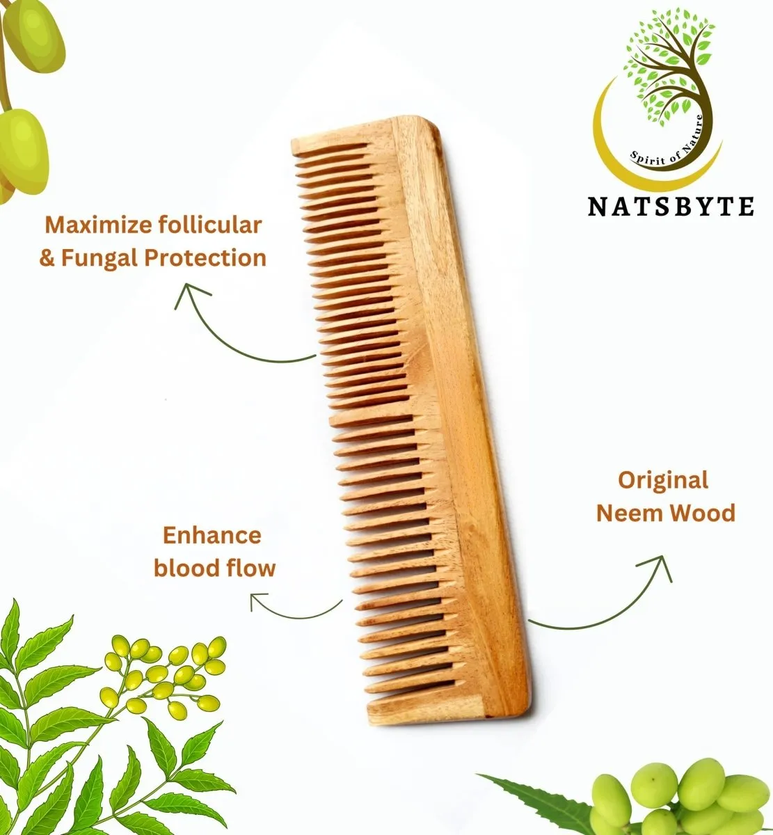 Pure Kacchi Neem Wood Comb Regular Double Teeth