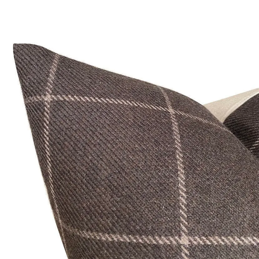 READY TO SHIP 16X26 Designer Bancroft Wool Plaid Pillow Cover in Sable // Brown Wool Plaid  // Modern Farmhouse Pillow Cover // Wool Pillows