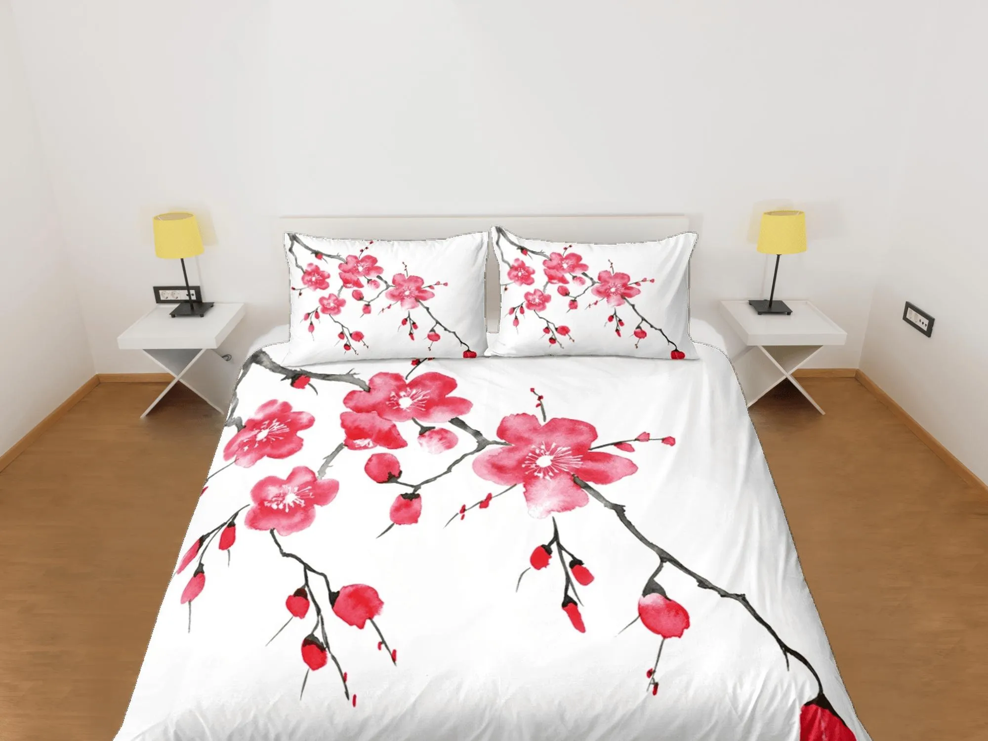 Red cherry blossom bedding floral prints white duvet cover queen, king, boho bedding designer bedspread full size bedding aesthetic