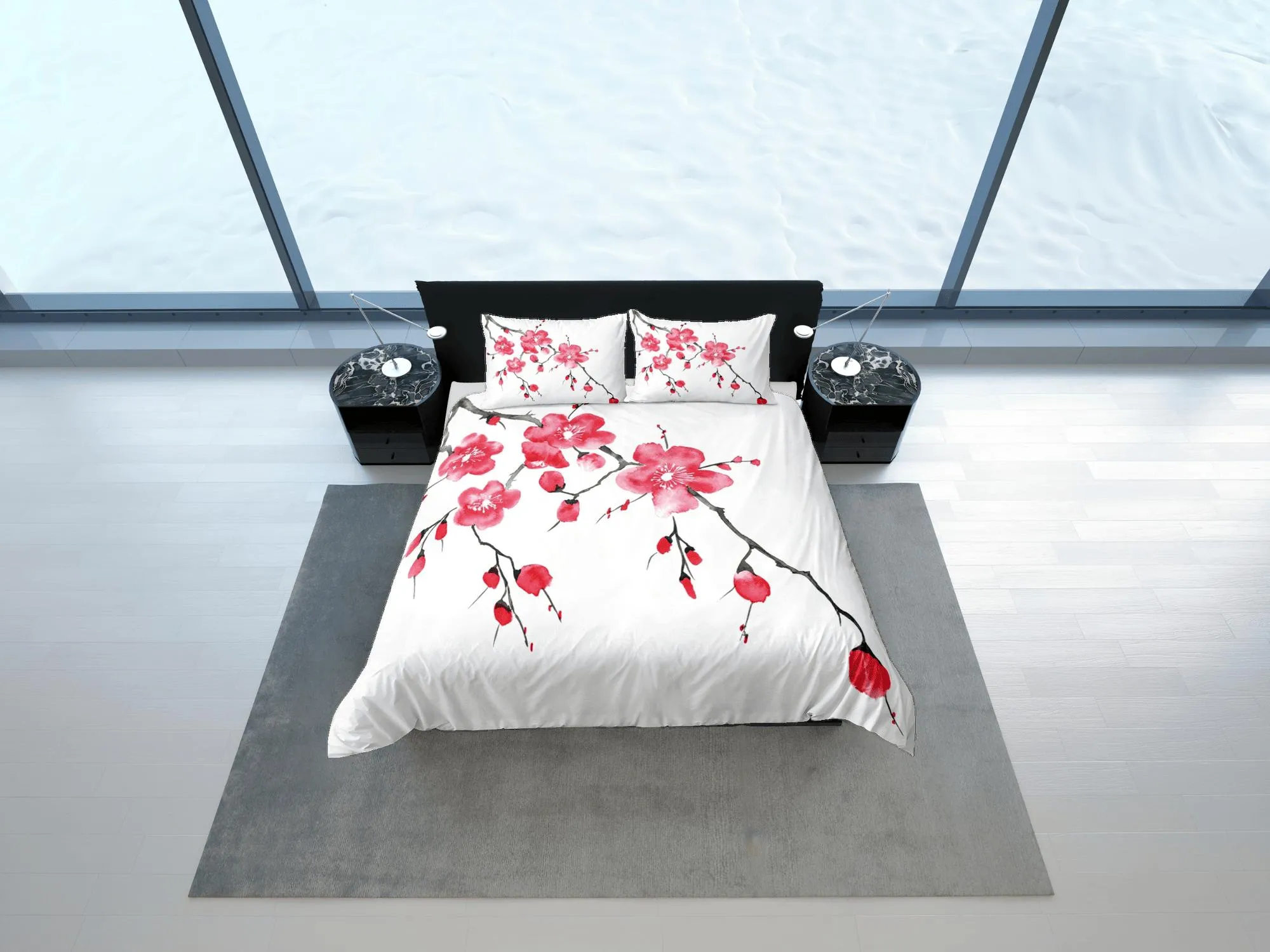 Red cherry blossom bedding floral prints white duvet cover queen, king, boho bedding designer bedspread full size bedding aesthetic