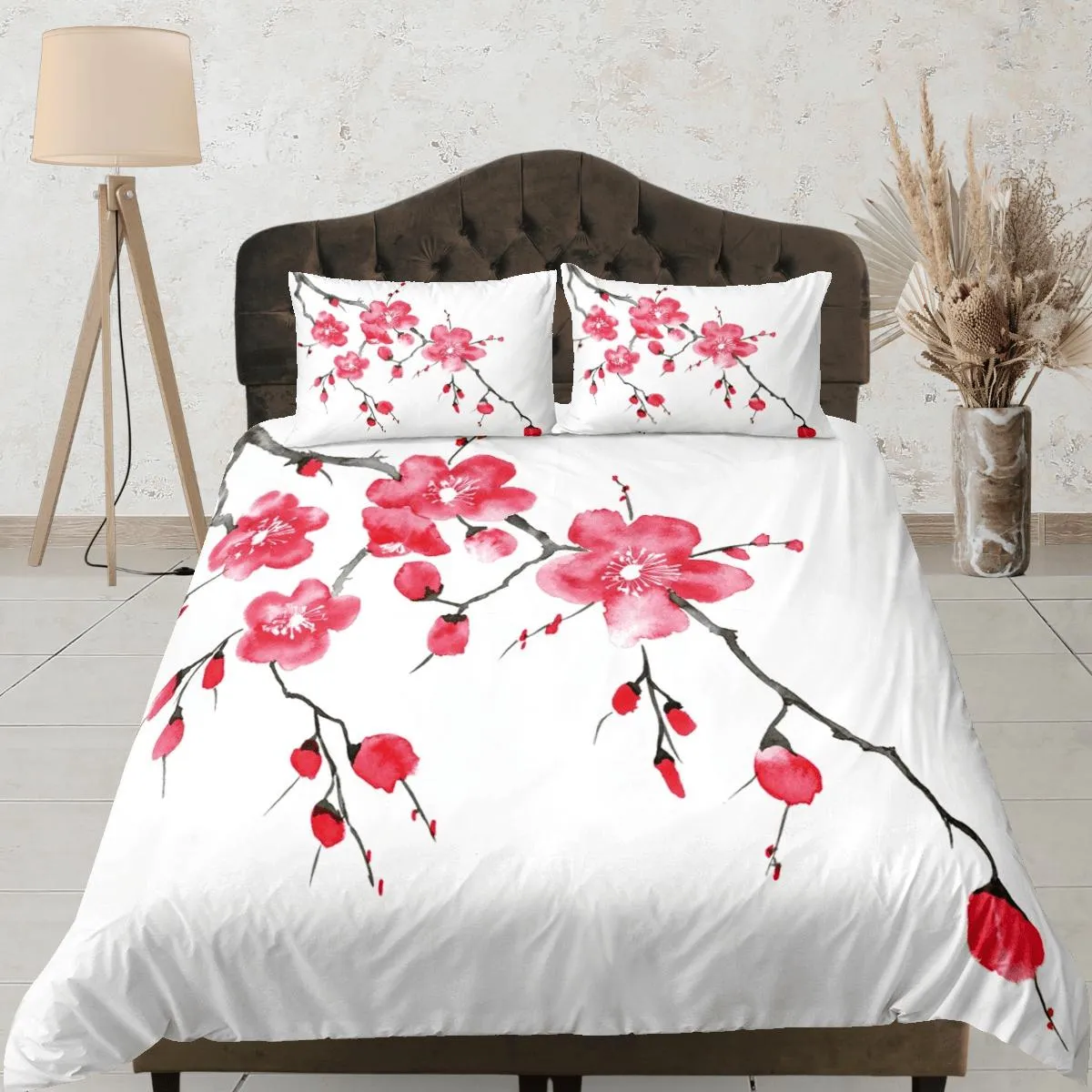 Red cherry blossom bedding floral prints white duvet cover queen, king, boho bedding designer bedspread full size bedding aesthetic