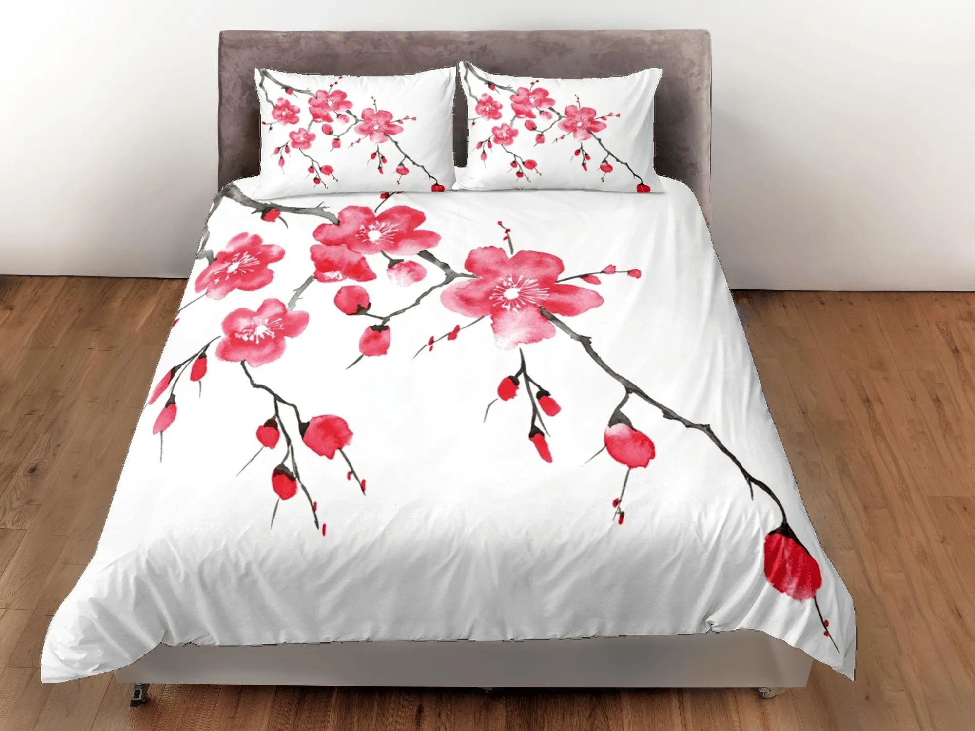 Red cherry blossom bedding floral prints white duvet cover queen, king, boho bedding designer bedspread full size bedding aesthetic