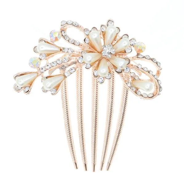 Rhinestone and Glass Pearl French Twist Up-do Comb Flower Bouquet