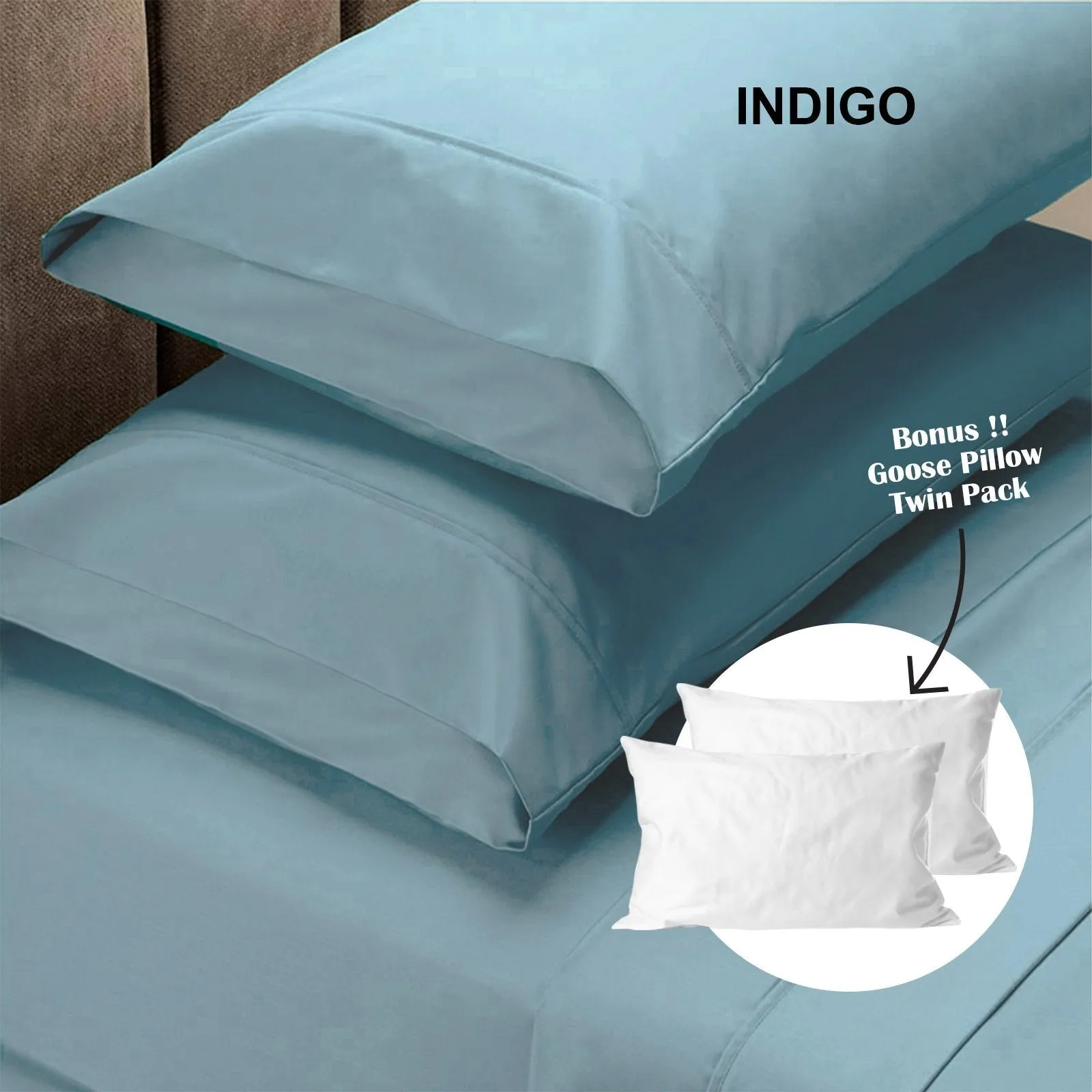 Royal Comfort 4 Piece 1500TC Sheet Set And Goose Feather Down Pillows 2 Pack Set King Indigo