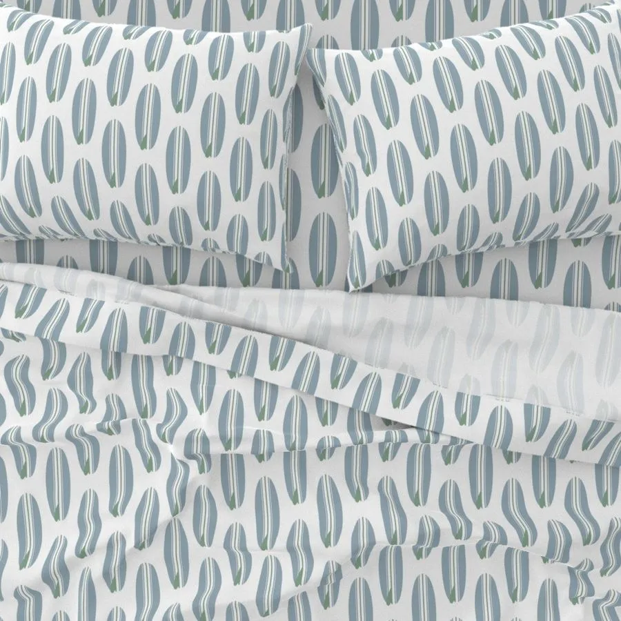 Slate Blue and Sage Green Classic Surfboards Sheet Set from Surfer Bedding™️ Medium Scale