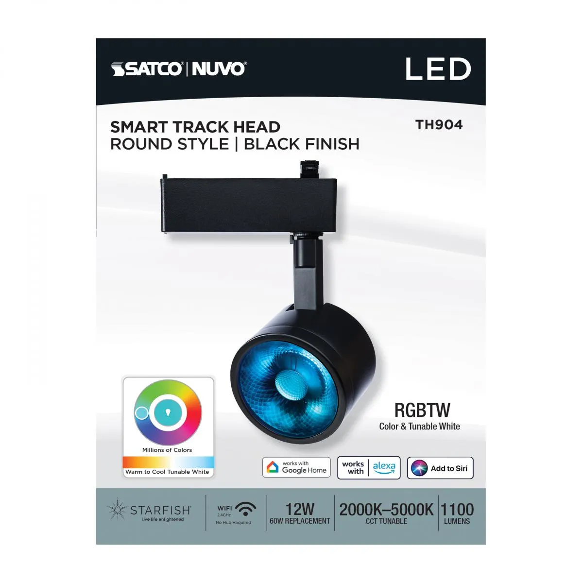 Starfish Smart LED Track Head Round 12W 1100 Lumens RGBTW, Halo, 36 Beam Angle, Black Finish