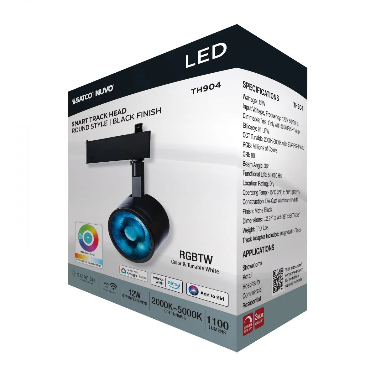 Starfish Smart LED Track Head Round 12W 1100 Lumens RGBTW, Halo, 36 Beam Angle, Black Finish