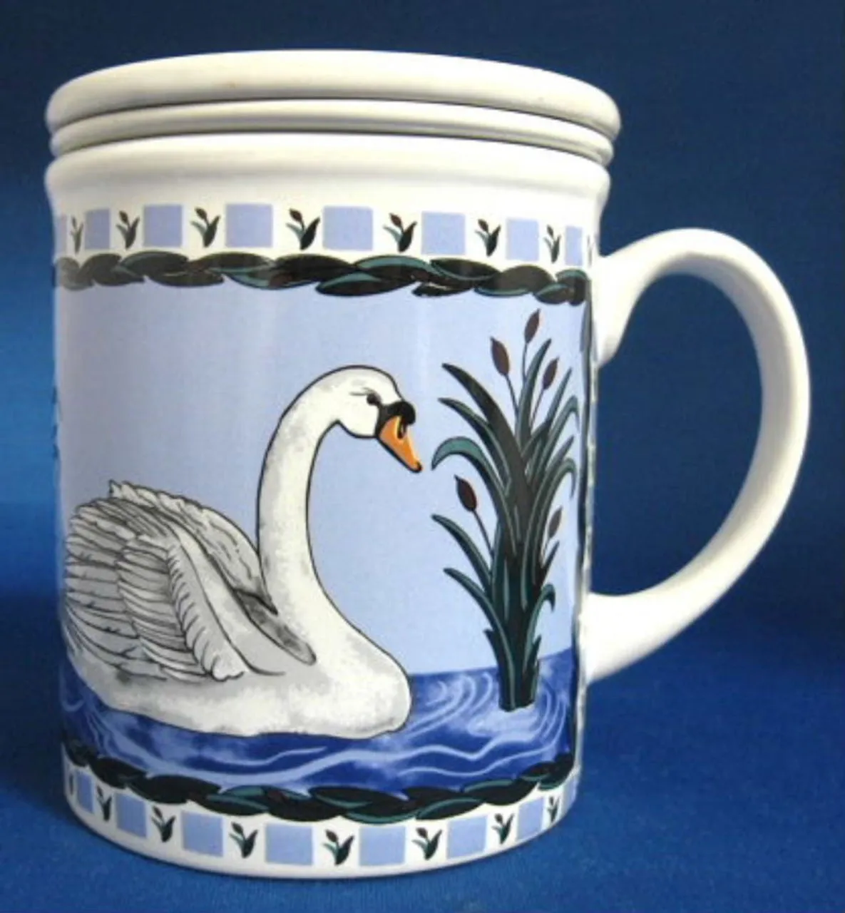 Swan Tea Mug With Infuser And Coaster Birds Blue And White Blue And White Infuser Mug