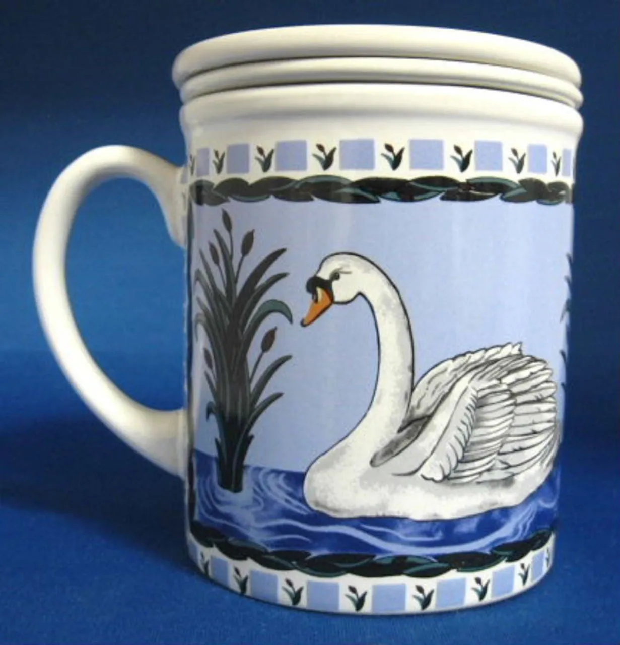 Swan Tea Mug With Infuser And Coaster Birds Blue And White Blue And White Infuser Mug