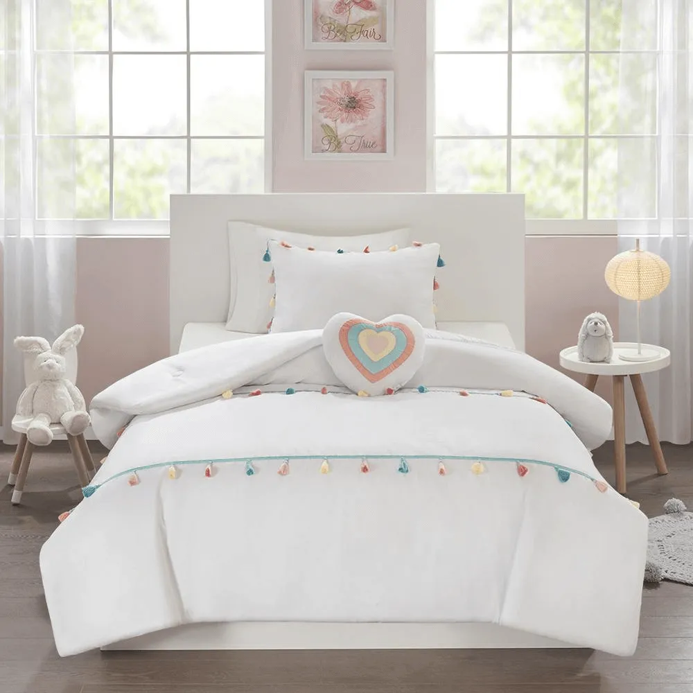 Tassel Comforter & Heart Pillow Set for Kids