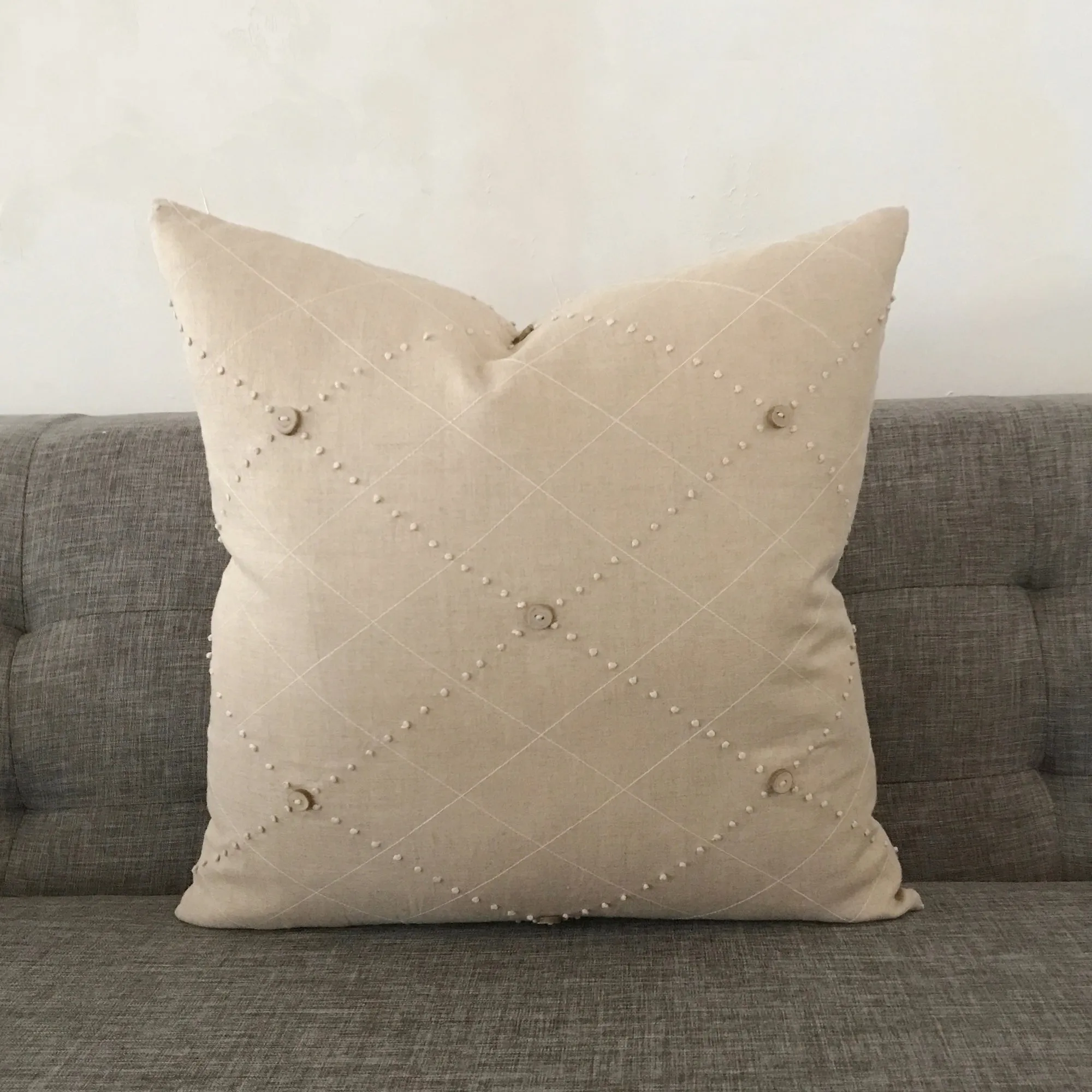 Taupe Linen Button Textured Woven Throw Pillow Cover 20x20