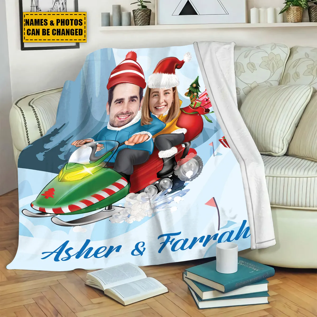 Teesdily | Couple Christmas Customize Blankets With Photos, Christmas Sled Couple Funny Sherpa Blanket, Wife Husband Customize Blanket, Xmas Gifts