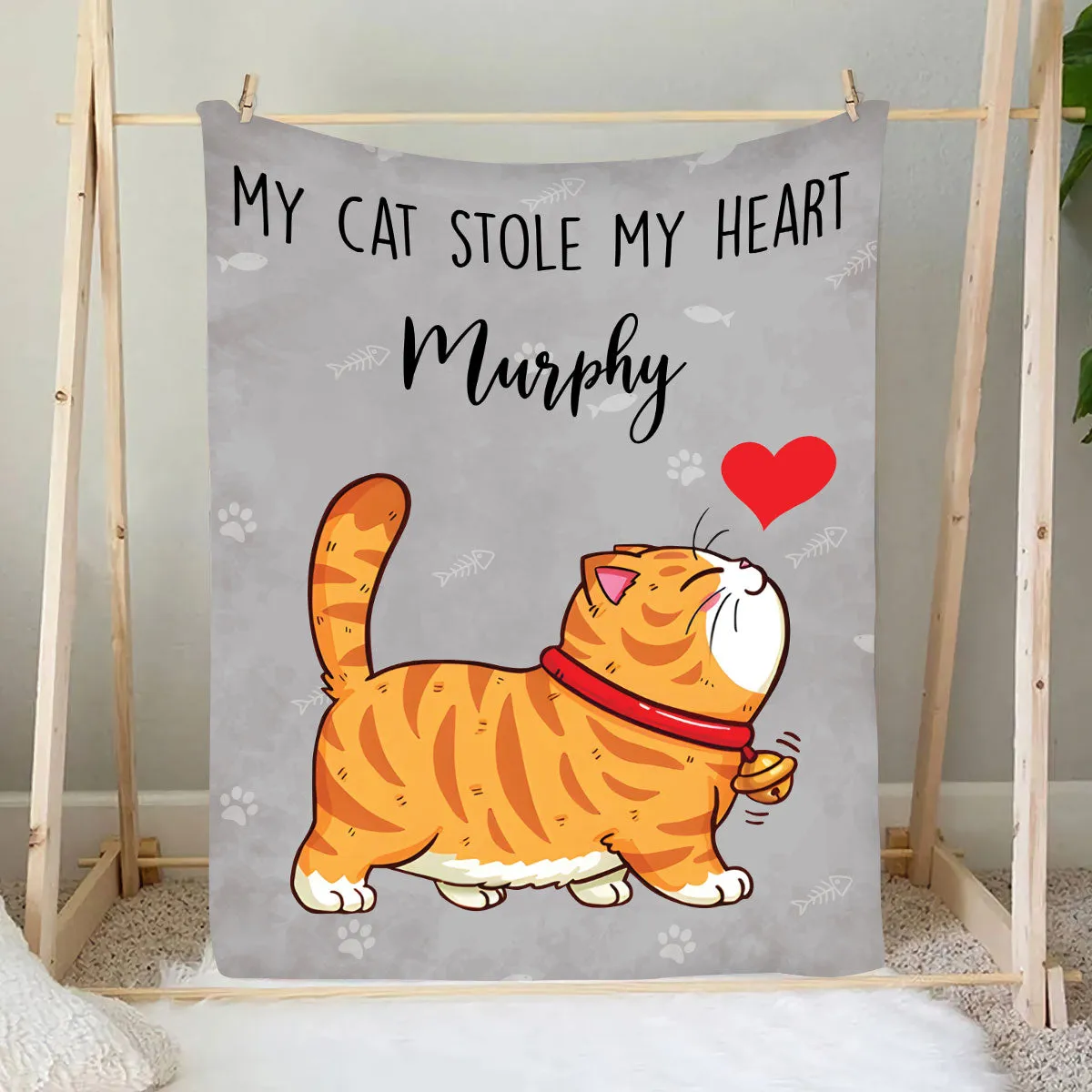 Teesdily | Customized Cat Cartoon Cute Fleece Blanket, My Cat Stole My Heart Throw Blanket, Cat Customizable Blanket Gifts, Gift For Cat Lovers