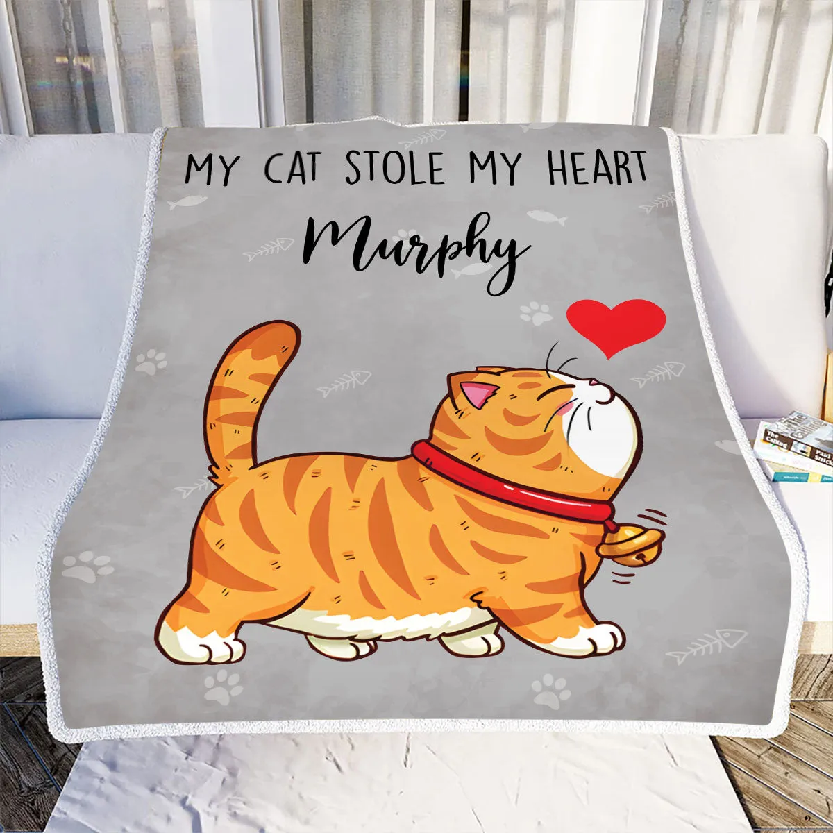 Teesdily | Customized Cat Cartoon Cute Fleece Blanket, My Cat Stole My Heart Throw Blanket, Cat Customizable Blanket Gifts, Gift For Cat Lovers