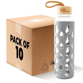 The Better Home Borosilicate Glass Water Bottle with Sleeve (550ml) | Non Slip Silicon Sleeve & Bamboo Lid | Water Bottles for Fridge | Grey (Pack of 10)