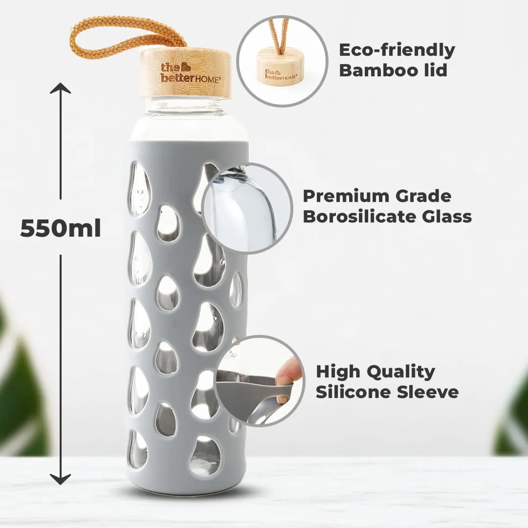 The Better Home Borosilicate Glass Water Bottle with Sleeve (550ml) | Non Slip Silicon Sleeve & Bamboo Lid | Water Bottles for Fridge | Grey (Pack of 10)