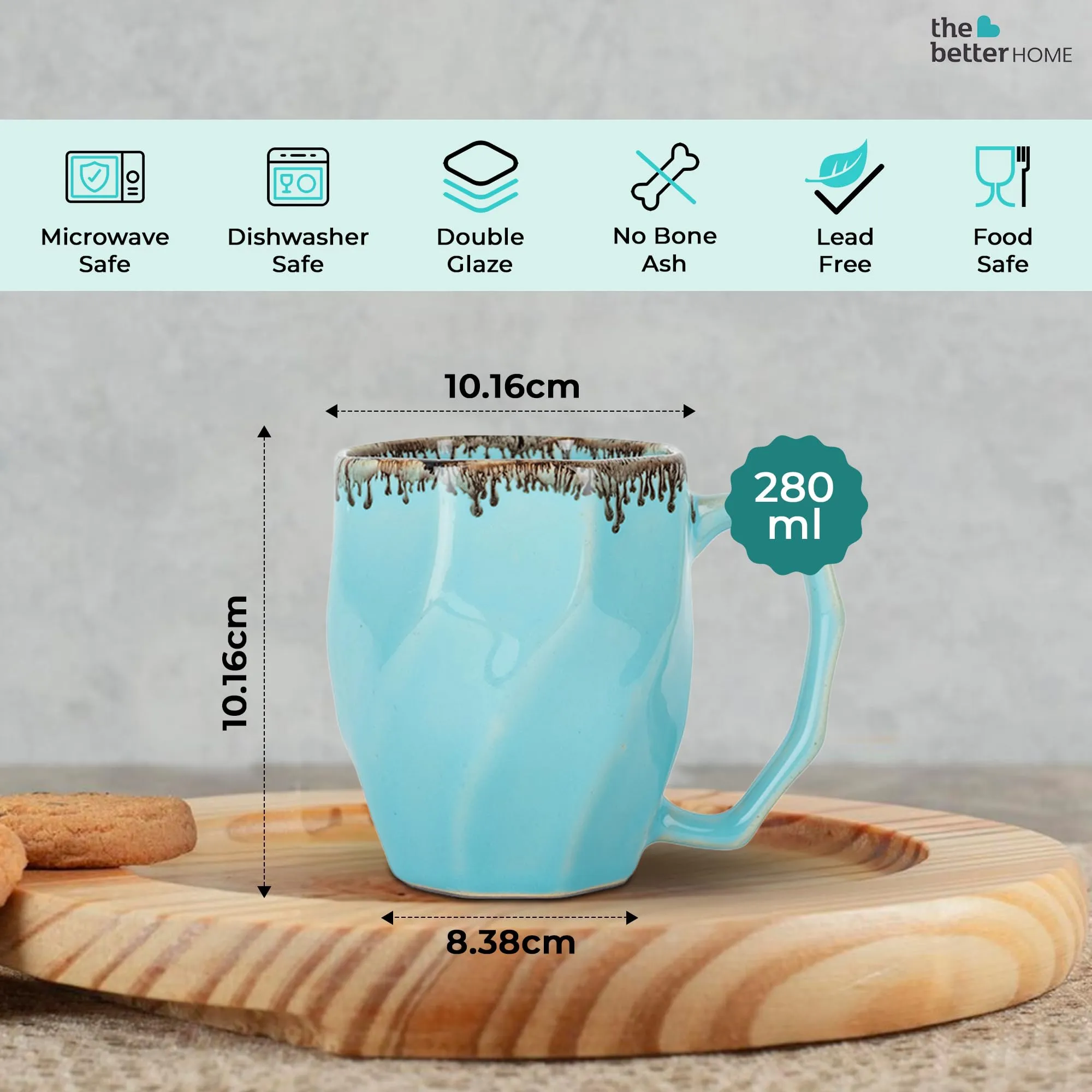 The Better Home Terra Series Ceramic Tea Coffee Cup with Handles | Microwave Safe | Scratch Resistant | Stain Proof | Glossy Finish | Gifting Set | (Pack of 2- Sky Blue)