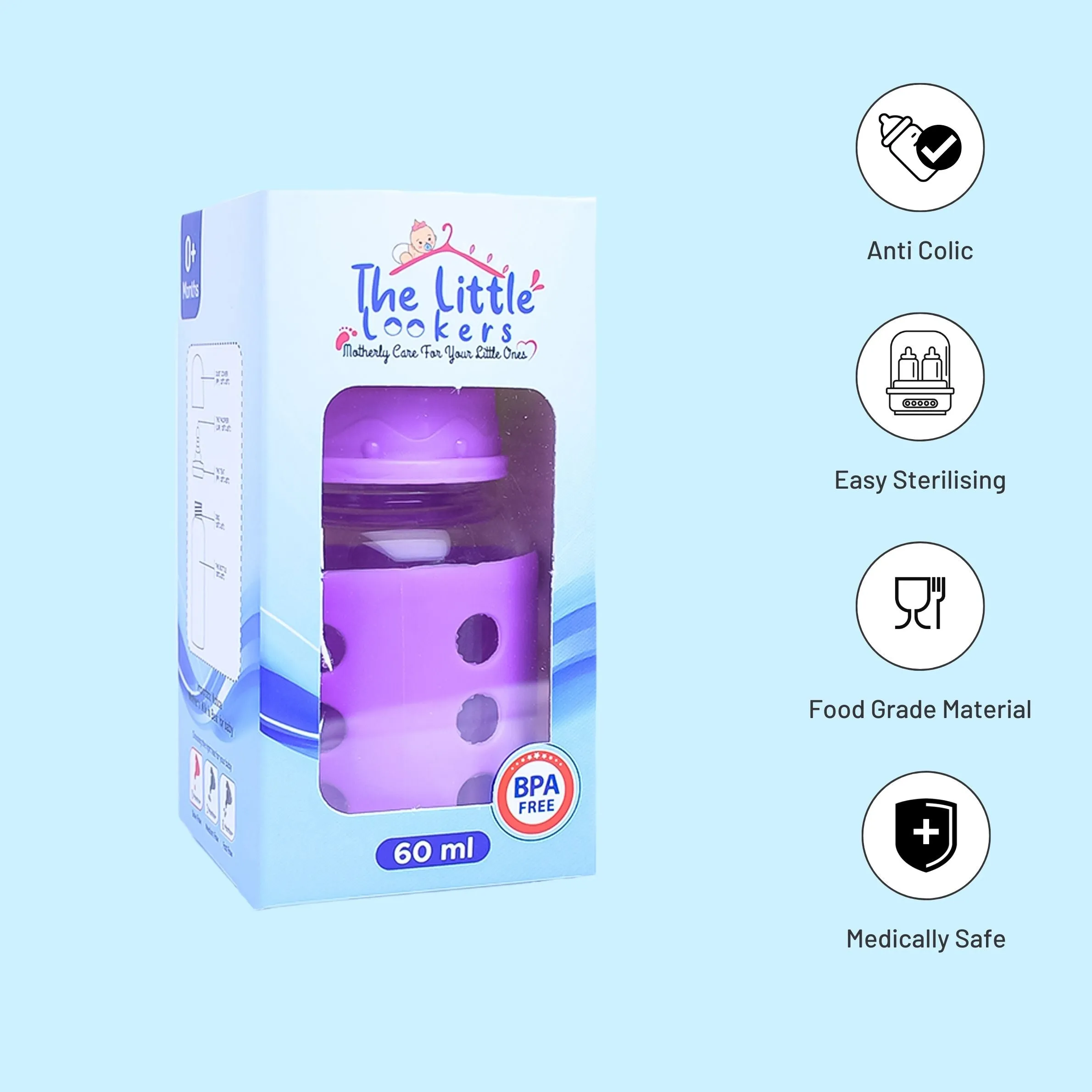 The Little Lookers High Borosilicate Glass Feeding Bottle for Baby/Feeder for Newborn |Super Soft Flow Control & Anti Colic Nipple for Infants/Toddlers(Pack of 2)