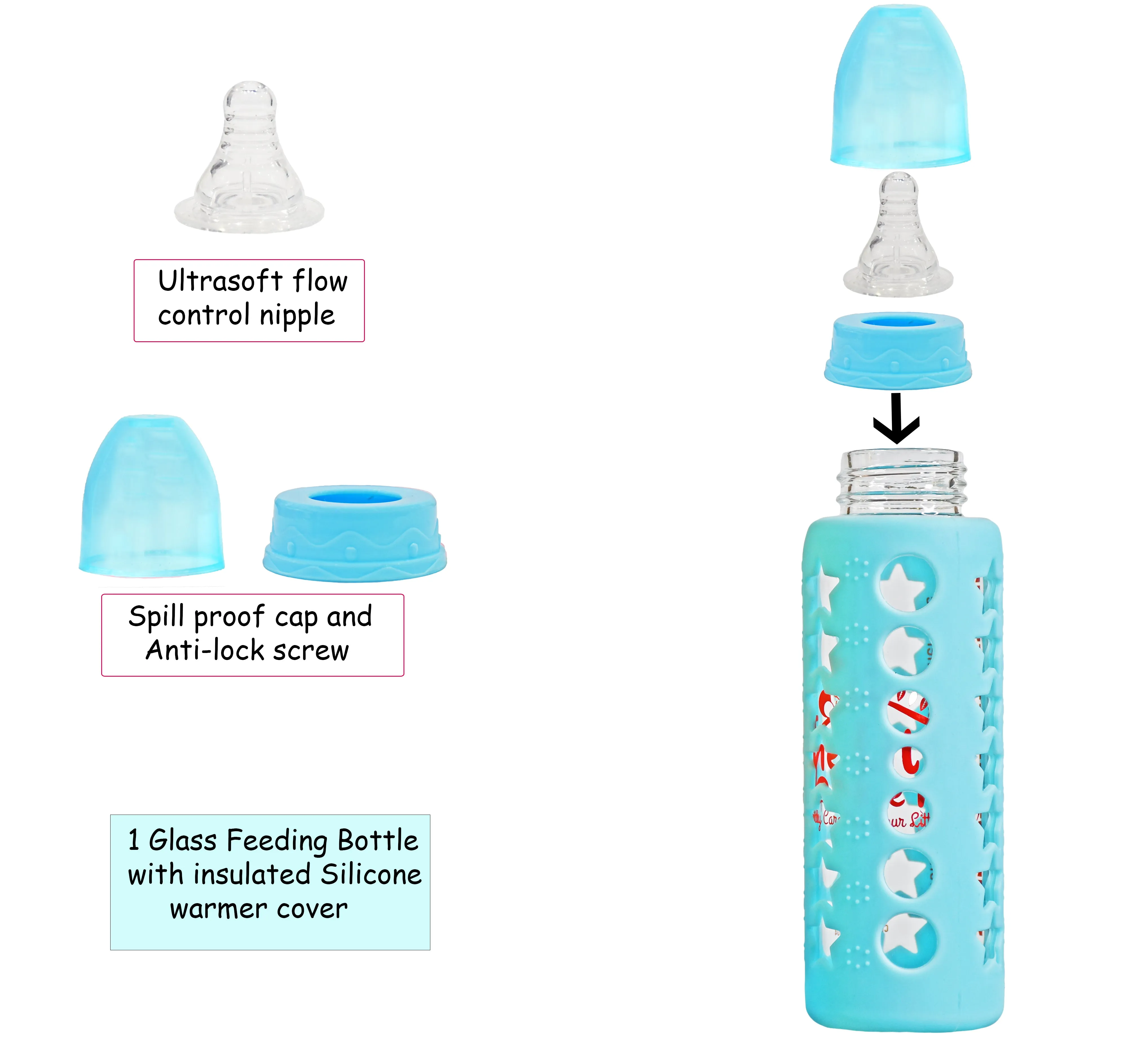 The Little Lookers High Borosilicate Glass Feeding Bottle for Baby/Feeder for Newborn |Super Soft Flow Control & Anti Colic Nipple for Infants/Toddlers(Pack of 2)