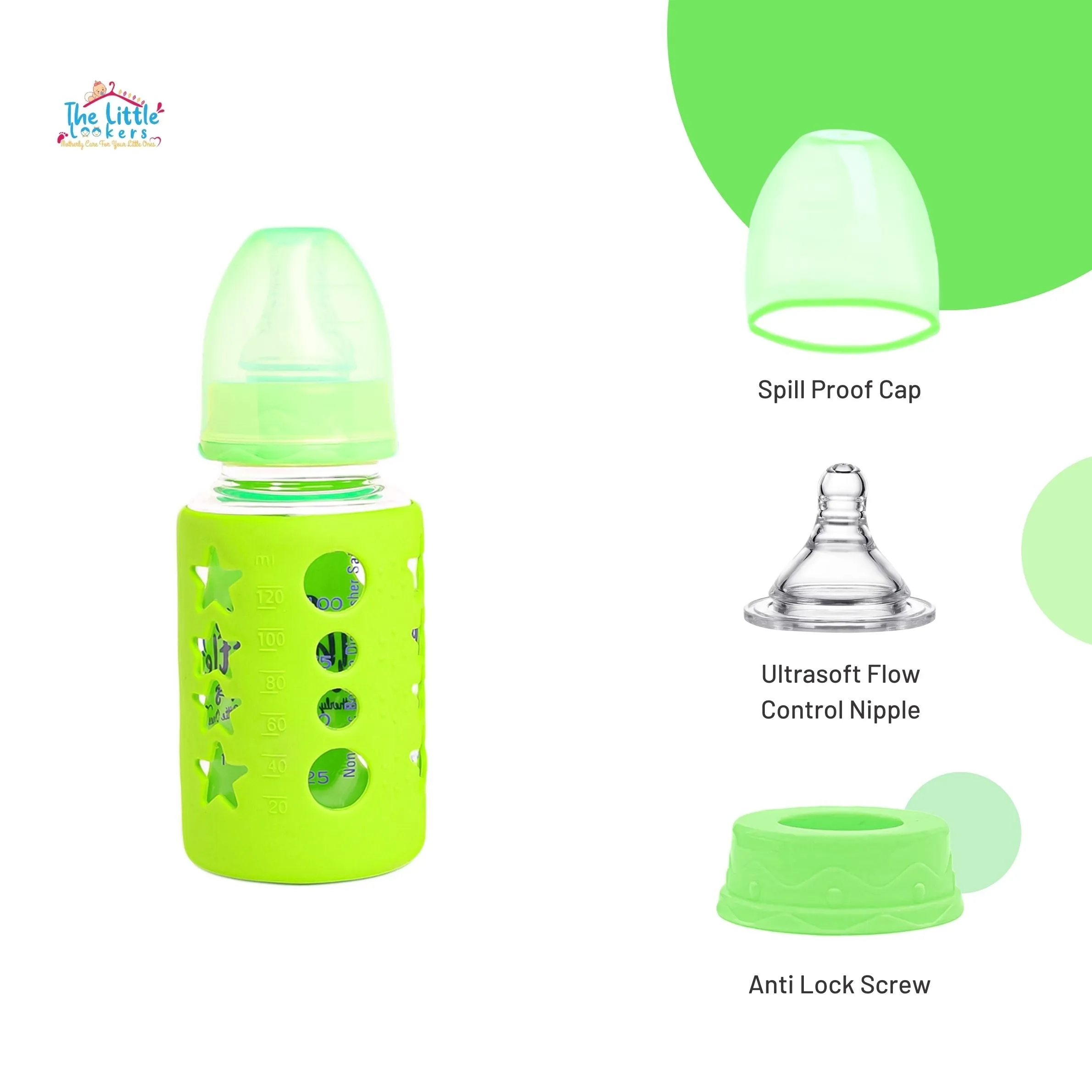 The Little Lookers High Borosilicate Glass Feeding Bottle for Baby/Feeder for Newborn |Super Soft Flow Control & Anti Colic Nipple for Infants/Toddlers(Pack of 2)