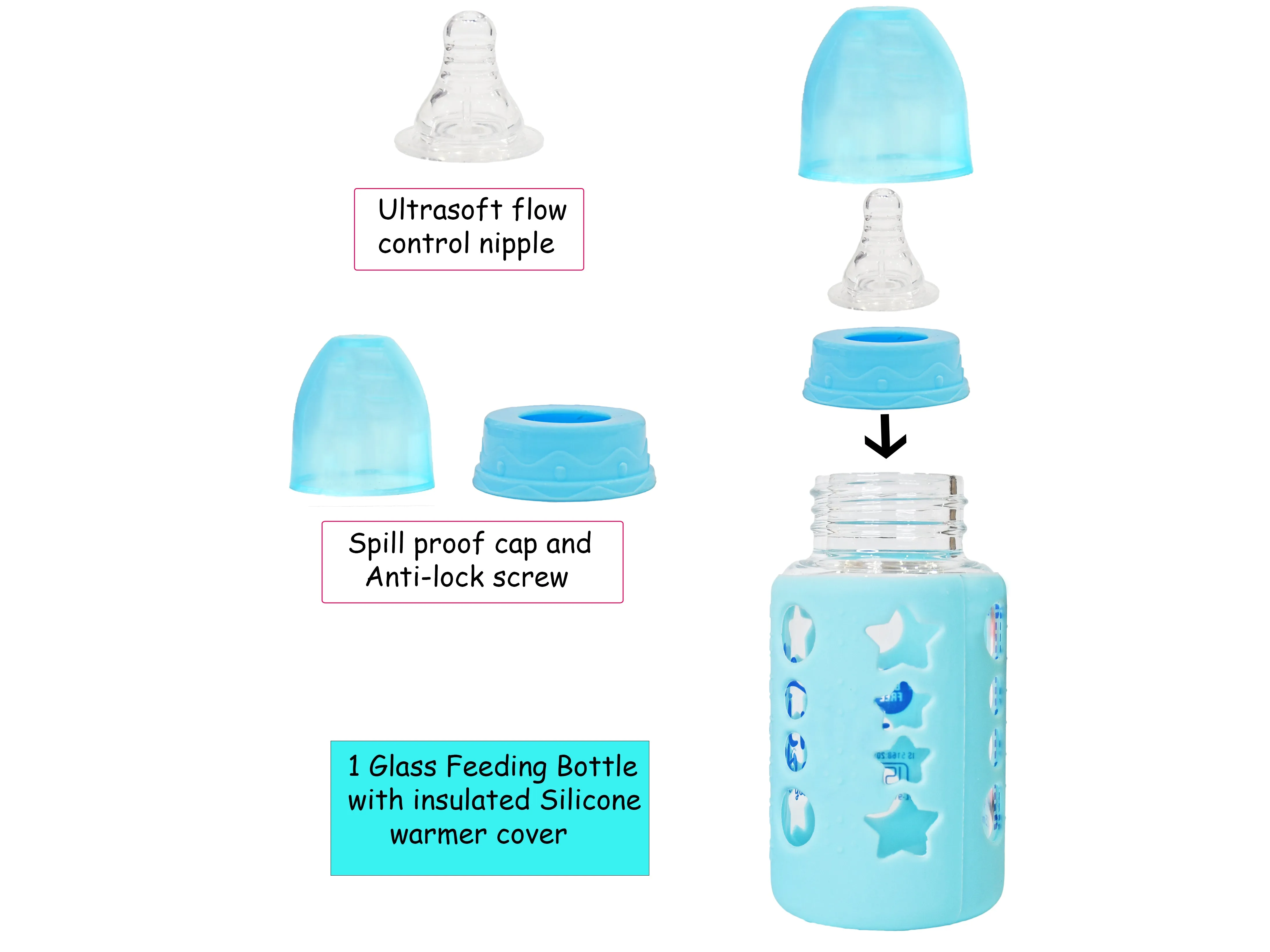 The Little Lookers High Borosilicate Glass Feeding Bottle for Baby/Feeder for Newborn |Super Soft Flow Control & Anti Colic Nipple for Infants/Toddlers(Pack of 2)