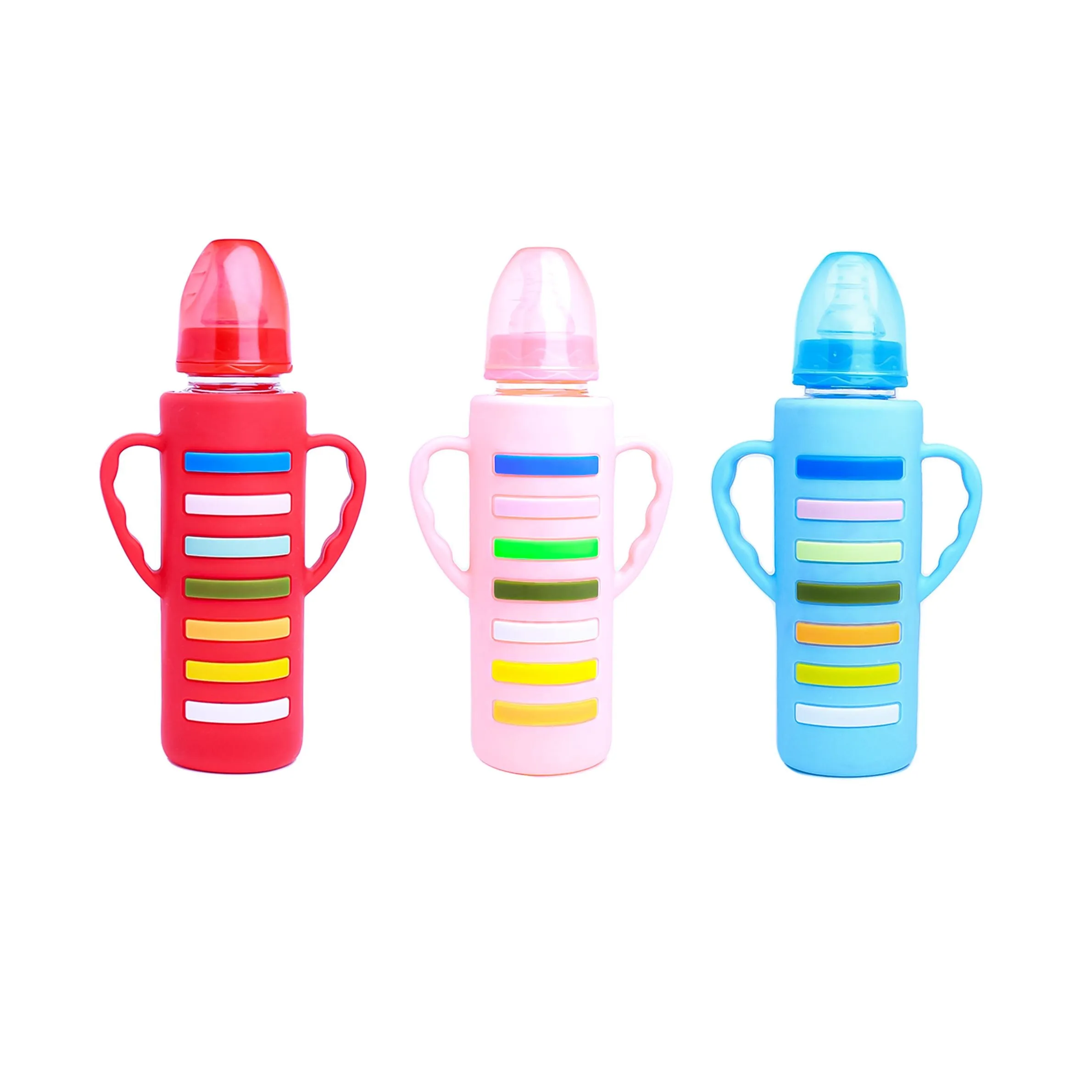 The Little Lookers High Borosilicate Glass Feeding Bottle with Handle Silicon Cover for Baby/Feeder for Newborn | Super Soft Flow Control & Anti Colic Nipple for Infants/Toddlers(Pack of 3)