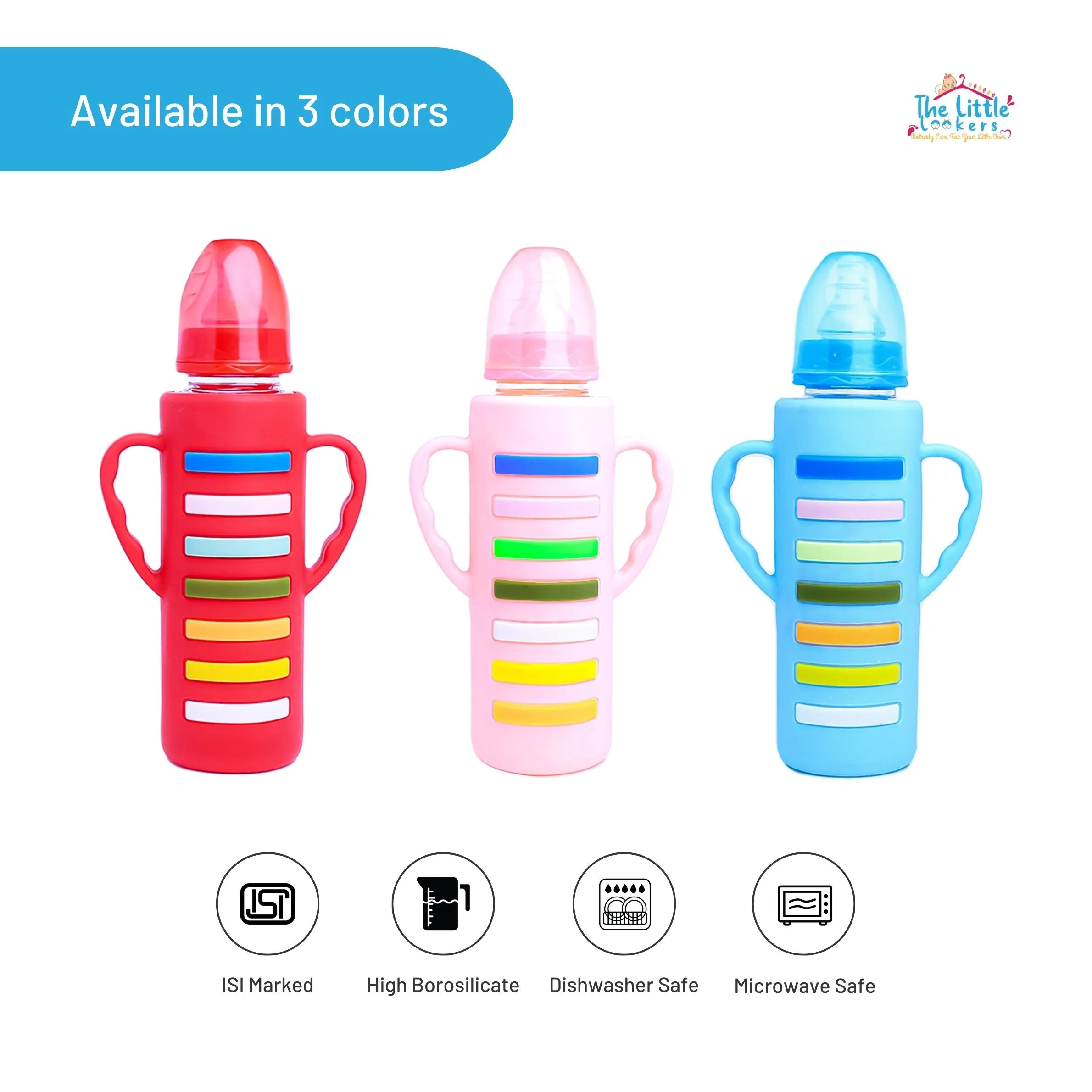 The Little Lookers High Borosilicate Glass Feeding Bottle with Handle Silicon Cover for Baby/Feeder for Newborn | Super Soft Flow Control & Anti Colic Nipple for Infants/Toddlers(Pack of 3)