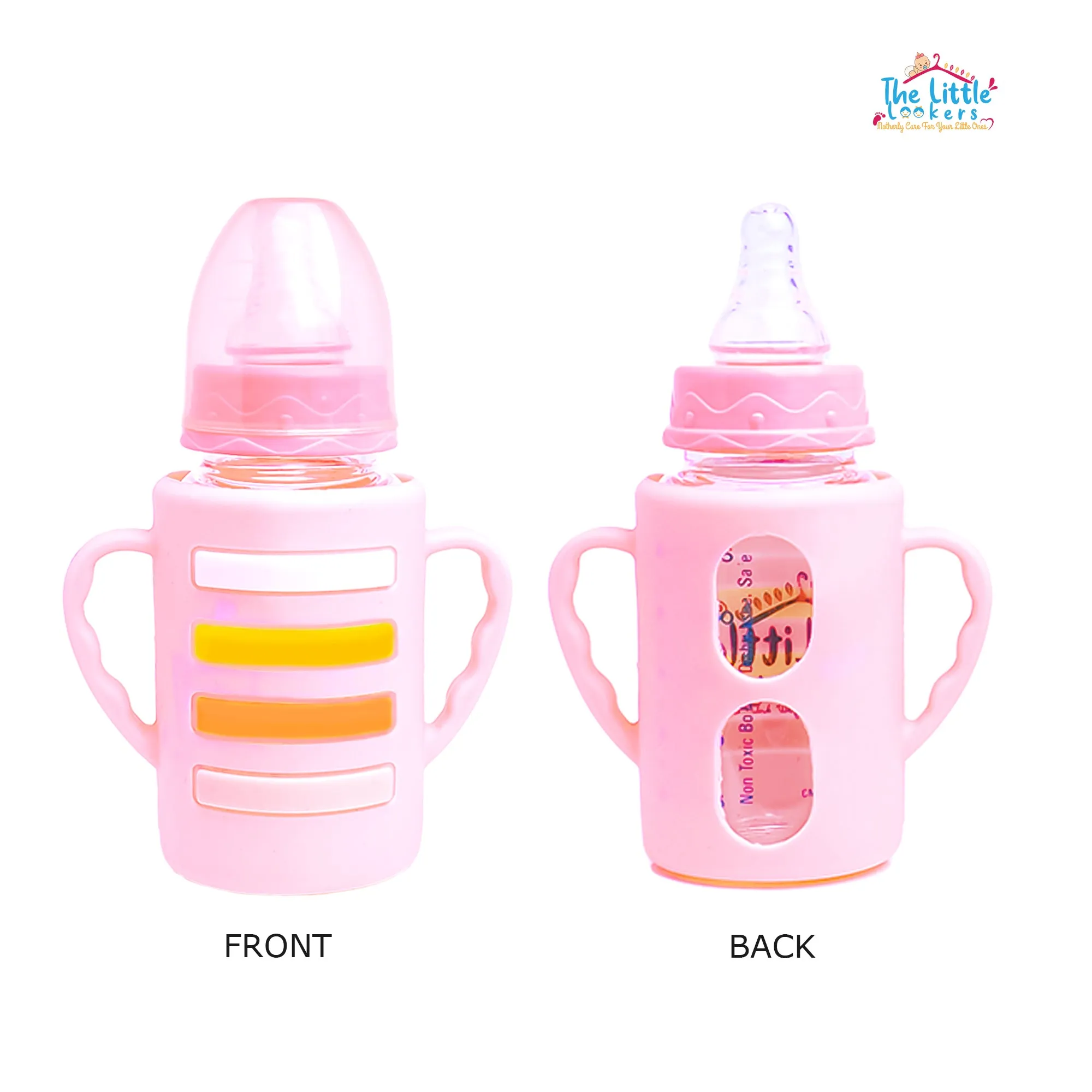 The Little Lookers High Borosilicate Glass Feeding Bottle with Handle Silicon Cover for Baby/Feeder for Newborn | Super Soft Flow Control & Anti Colic Nipple for Infants/Toddlers(Pack of 3)