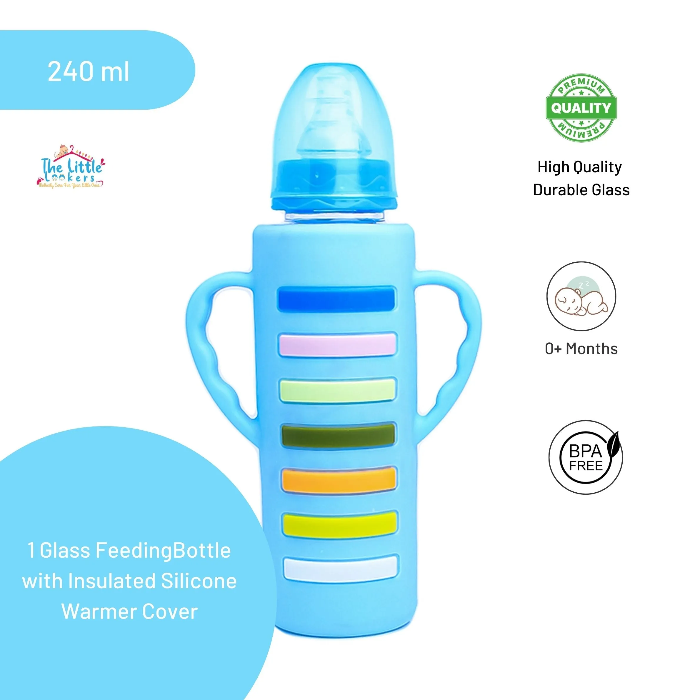 The Little Lookers High Borosilicate Glass Feeding Bottle with Handle Silicon Cover for Baby/Feeder for Newborn | Super Soft Flow Control & Anti Colic Nipple for Infants/Toddlers(Pack of 3)