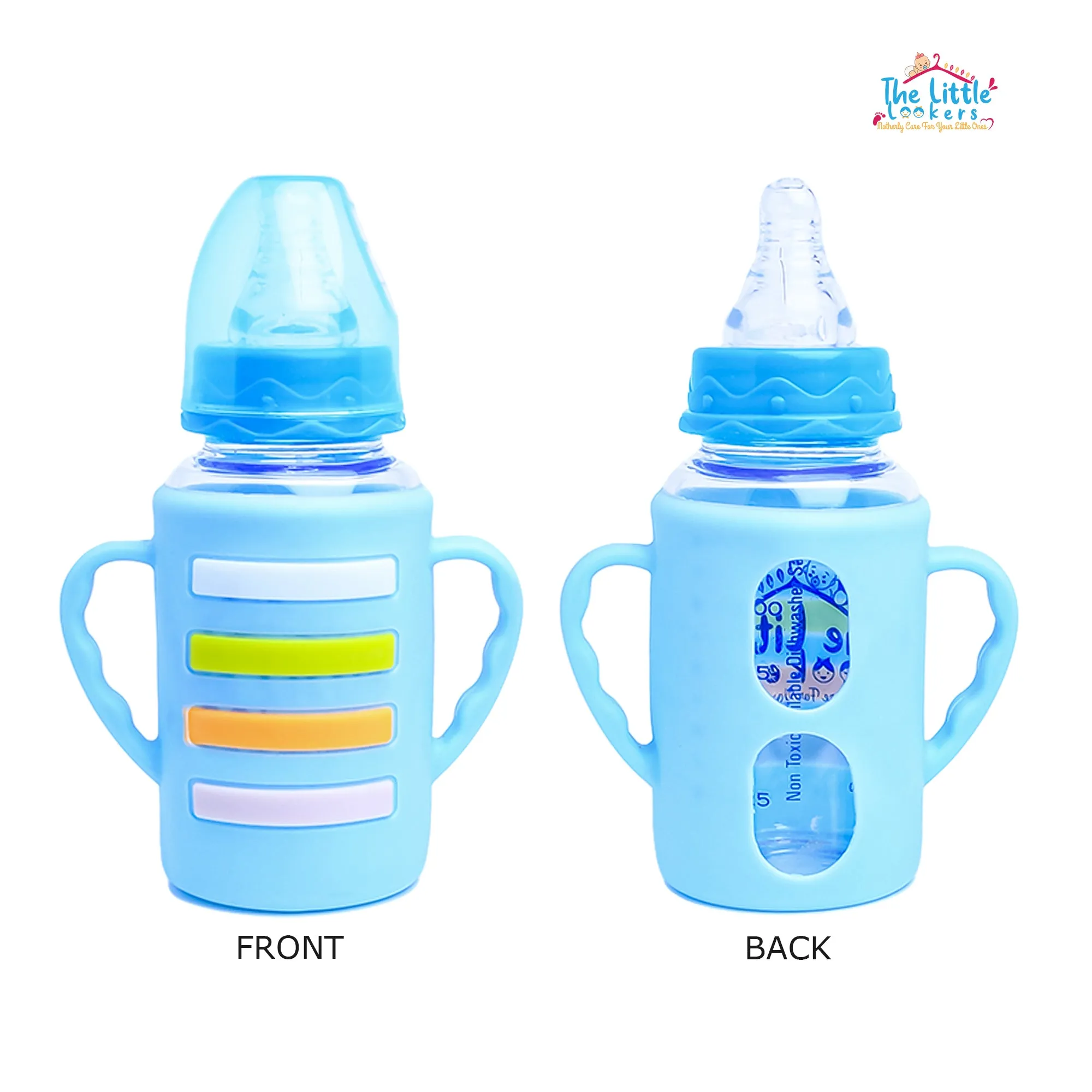 The Little Lookers High Borosilicate Glass Feeding Bottle with Handle Silicon Cover for Baby/Feeder for Newborn | Super Soft Flow Control & Anti Colic Nipple for Infants/Toddlers(Pack of 3)