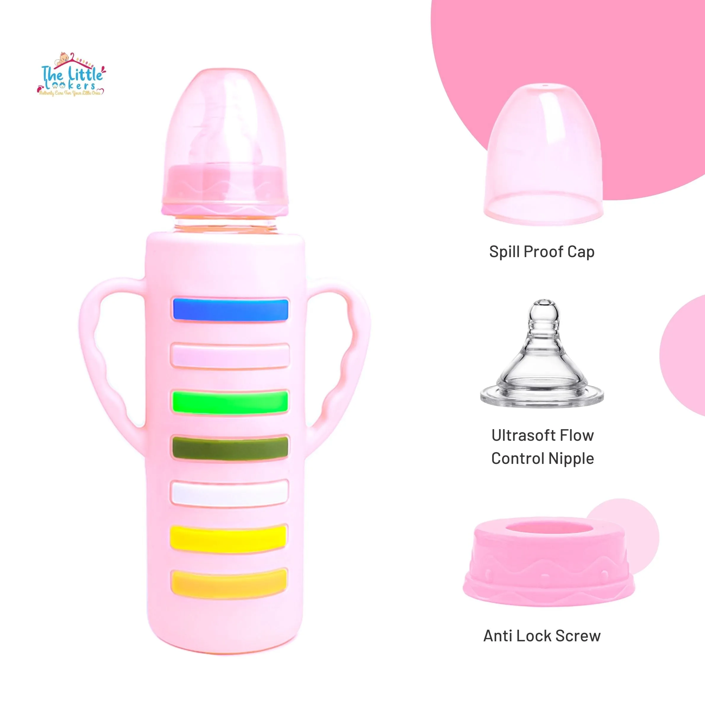 The Little Lookers High Borosilicate Glass Feeding Bottle with Handle Silicon Cover for Baby/Feeder for Newborn | Super Soft Flow Control & Anti Colic Nipple for Infants/Toddlers(Pack of 3)