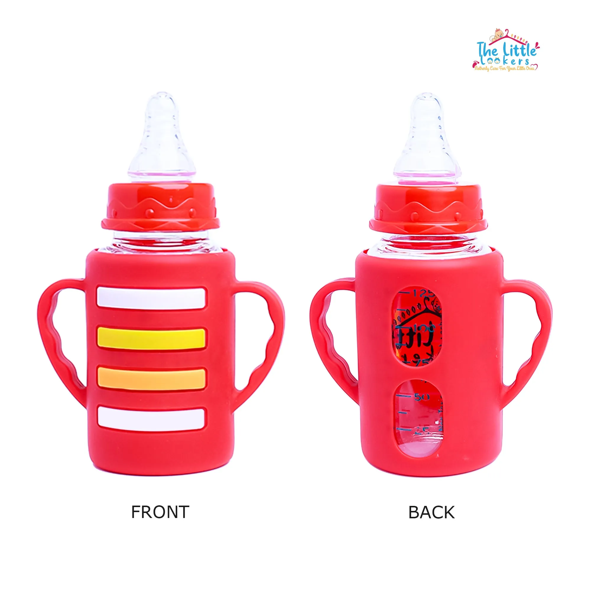 The Little Lookers High Borosilicate Glass Feeding Bottle with Handle Silicon Cover for Baby/Feeder for Newborn | Super Soft Flow Control & Anti Colic Nipple for Infants/Toddlers(Pack of 3)