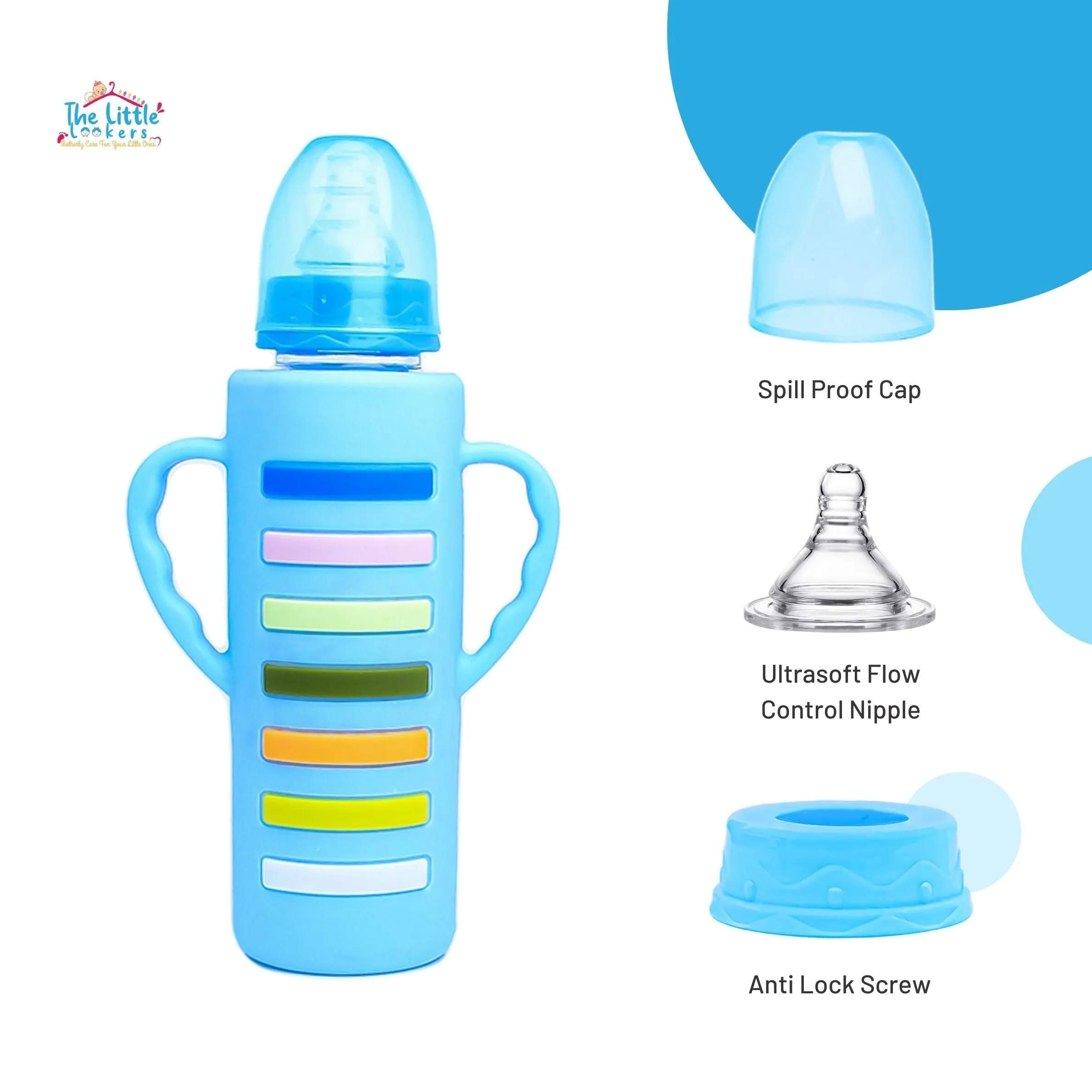 The Little Lookers High Borosilicate Glass Feeding Bottle with Handle Silicon Cover for Baby/Feeder for Newborn | Super Soft Flow Control & Anti Colic Nipple for Infants/Toddlers(Pack of 3)