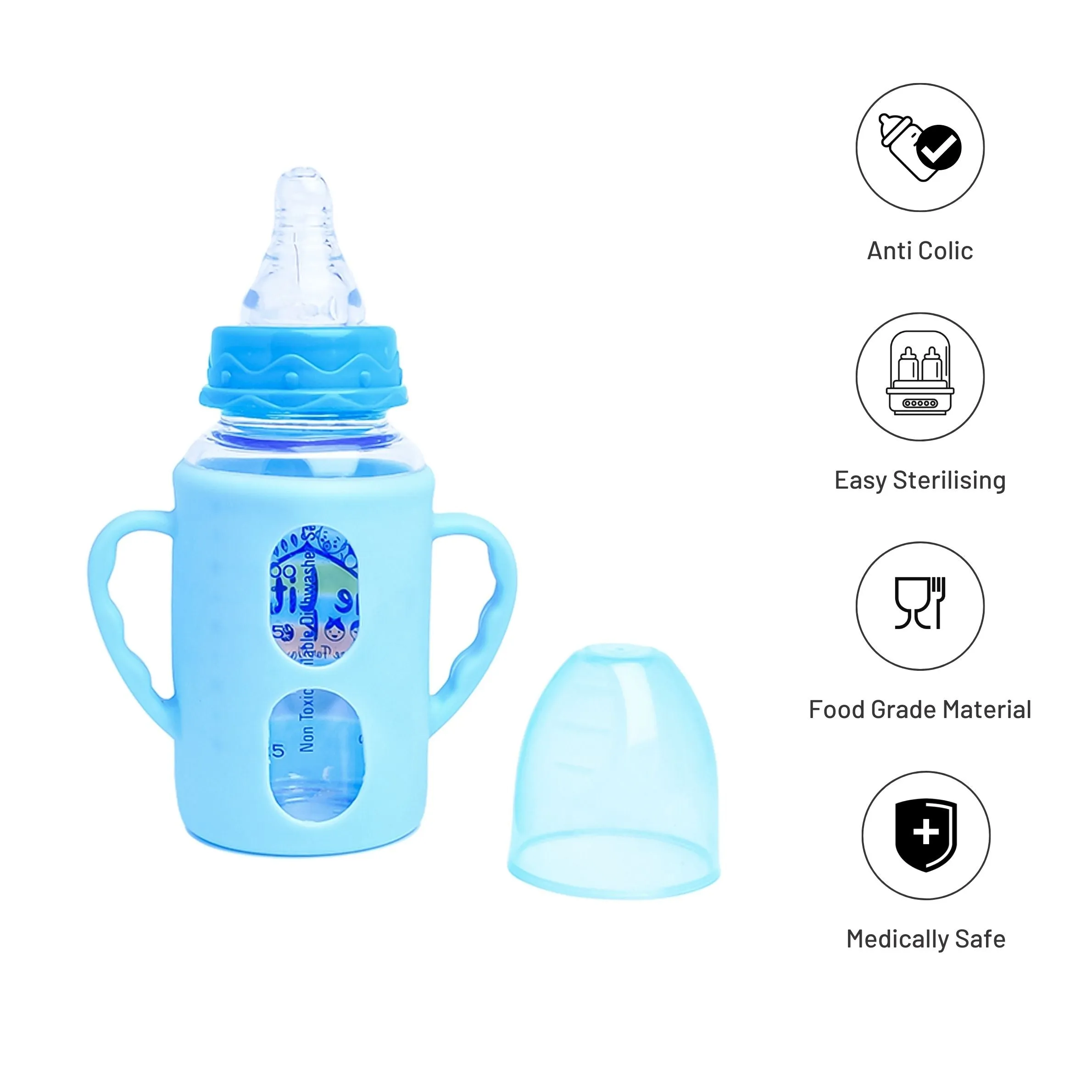 The Little Lookers High Borosilicate Glass Feeding Bottle with Handle Silicon Cover for Baby/Feeder for Newborn | Super Soft Flow Control & Anti Colic Nipple for Infants/Toddlers(Pack of 3)