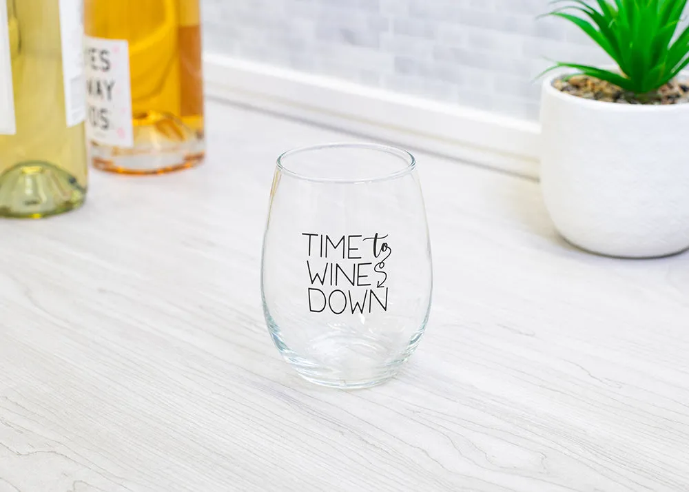 Time to Wines Down Black 14 ounce Glass Stemless Wine Glass