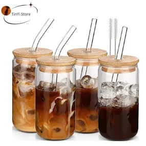 Transparent Glass Cup with Straw