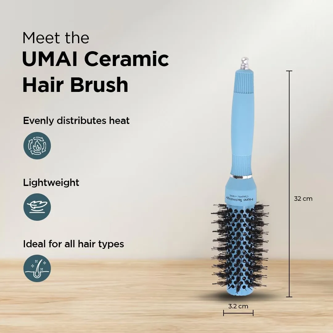 UMAI Hair Brush with Ion-infused Thermal Ceramic Technology, Anti-Static Boar Bristles, Additional Styling Tip, Adds Volume and Shine, Blow Drying, Straightening, Curling Round Brush (32mm)