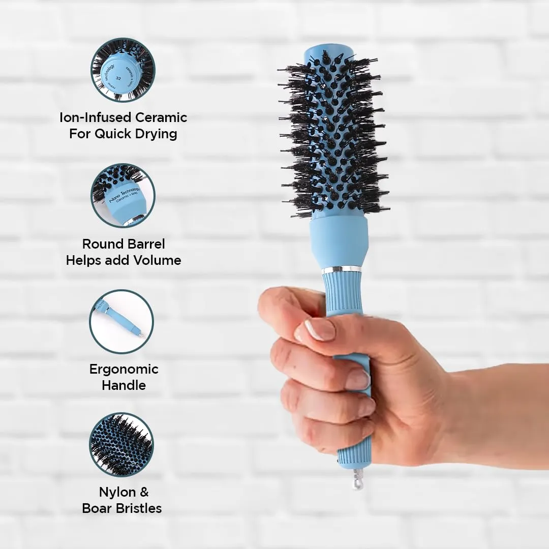 UMAI Hair Brush with Ion-infused Thermal Ceramic Technology, Anti-Static Boar Bristles, Additional Styling Tip, Adds Volume and Shine, Blow Drying, Straightening, Curling Round Brush (32mm)