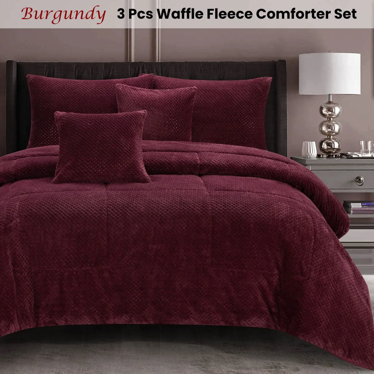 Waffle Fleece Burgundy 3 Pcs Comforter Set Queen