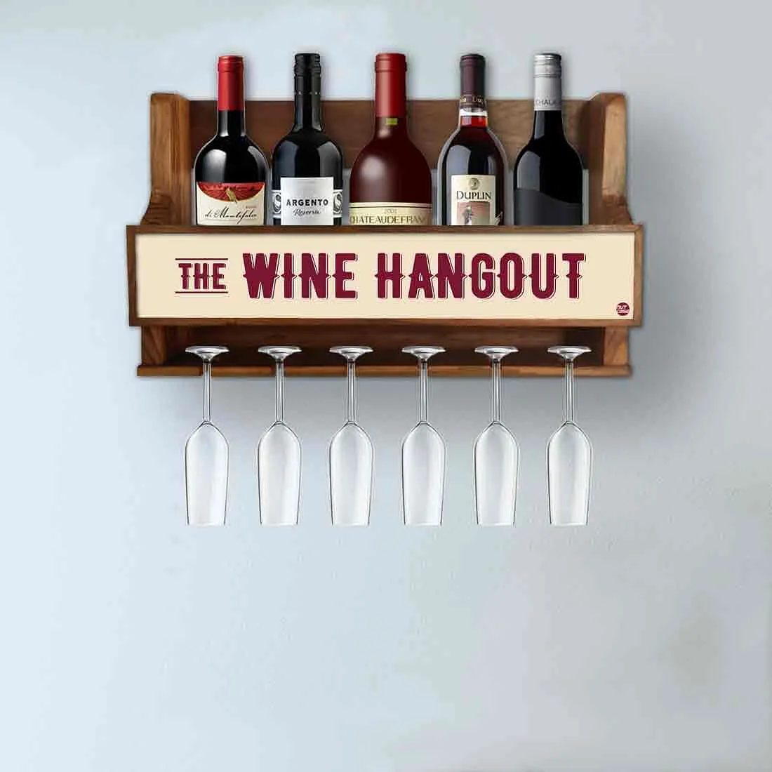 Wall Mounted Wooden Wine Glass Rack Holder for Living Room 5 Bottles 6 Glasses-Hangout