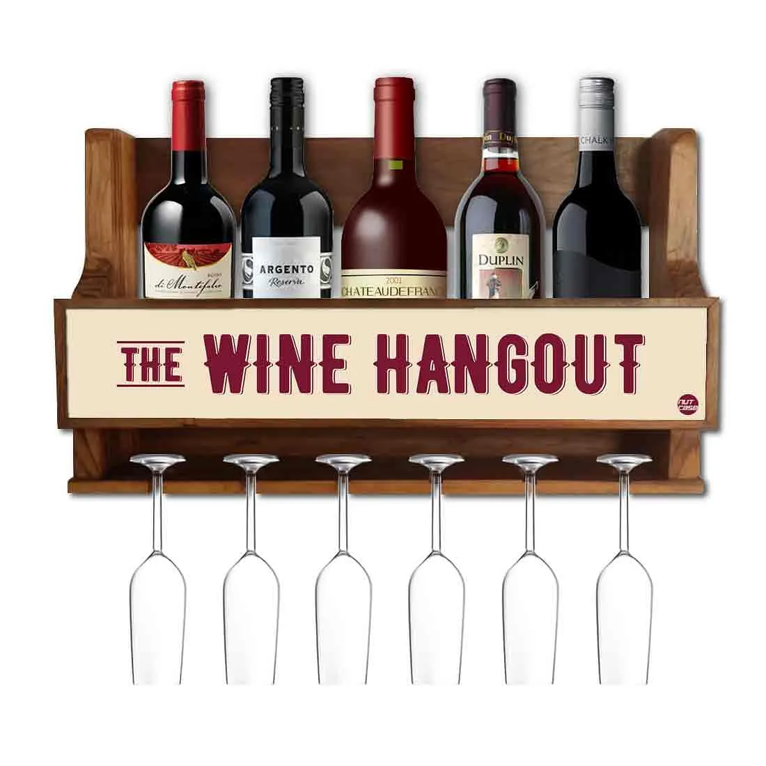 Wall Mounted Wooden Wine Glass Rack Holder for Living Room 5 Bottles 6 Glasses-Hangout