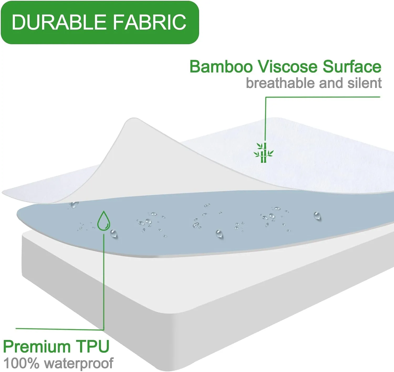 Waterproof Mattress Protector, Premium Bamboo Mattress Pad Cover Fitted with Deep Pocket